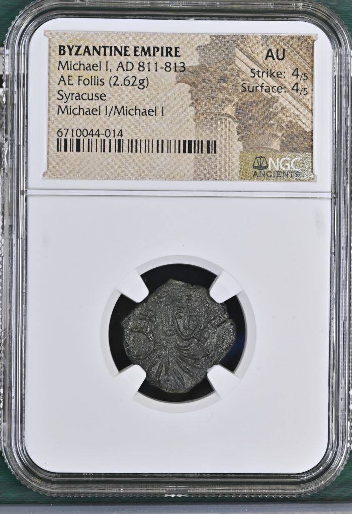 Byzantine Michael I 811-813 AD AE Follis NGC AU 0144762Byzantine Michael I 811-813 AD AE Follis NGC AU 0144762