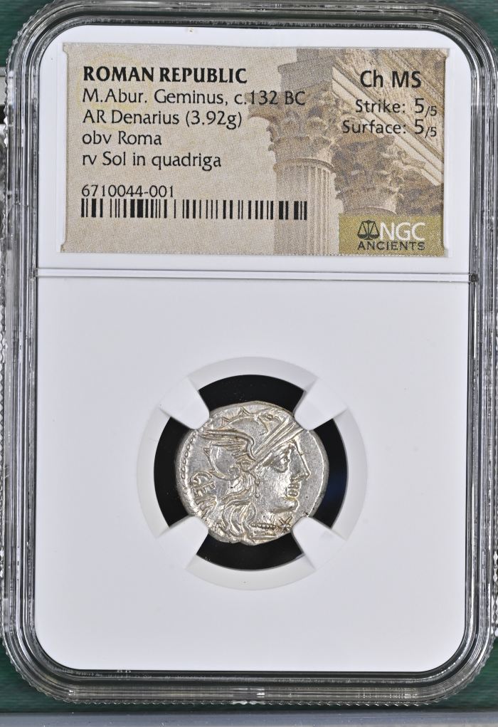 Roman Republic M.Aburius Geminus c.132 BC AR Denarius NGC Ch MS 0144764Roman Republic M.Aburius Geminus c.132 BC AR Denarius NGC Ch MS 0144764