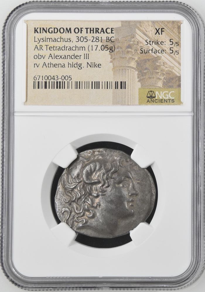 Thrace Lysimachus 305-281 BC AR Tetradrachm NGC XF 0144767Thrace Lysimachus 305-281 BC AR Tetradrachm NGC XF 0144767