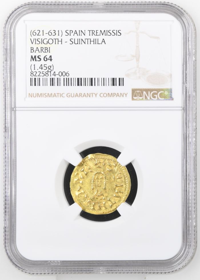 Spain Tremissis (621-631) Visigoth - Suinthila Barbi NGC MS64 0144791Spain Tremissis (621-631) Visigoth - Suinthila Barbi NGC MS64 0144791