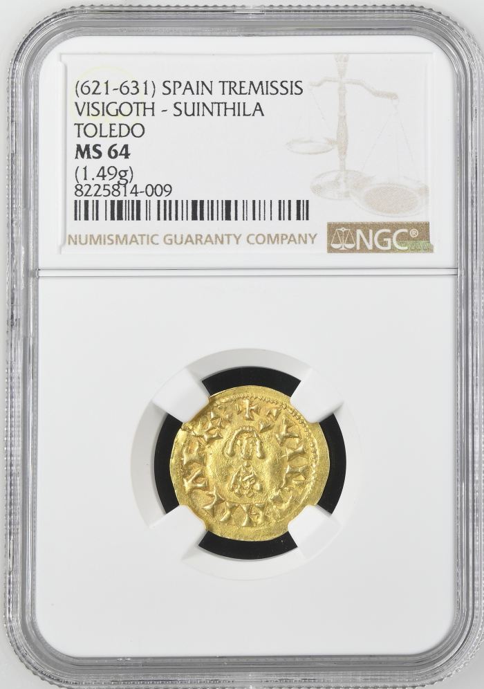 Spain Tremissis (621-631) Visigoth - Suinthila Toledo NGC MS64 0144793Spain Tremissis (621-631) Visigoth - Suinthila Toledo NGC MS64 0144793