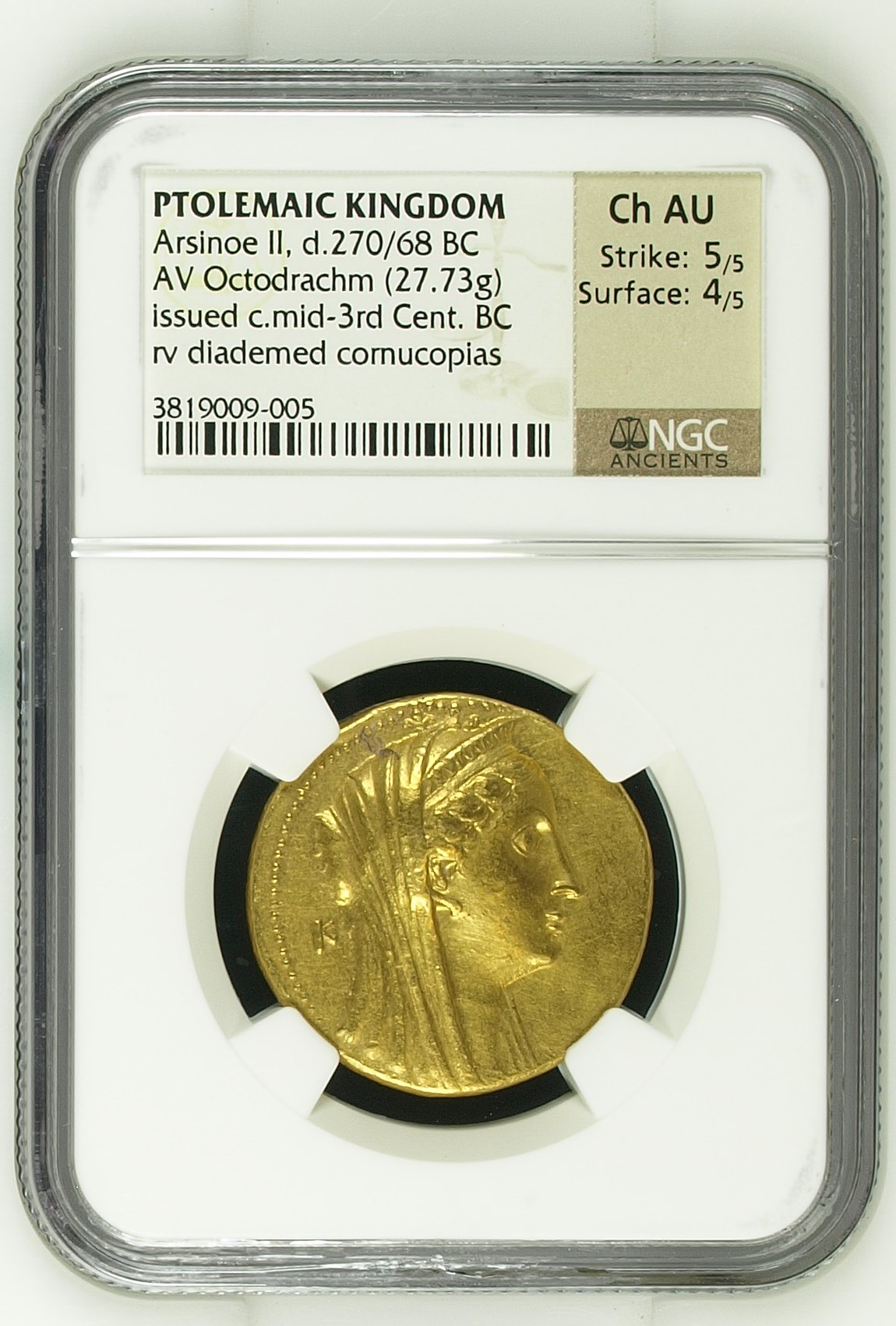 Ptolemaic Kingdom Arsinoe II d.270/68 BC AV Octodrachm NGC Ch AU 0144796