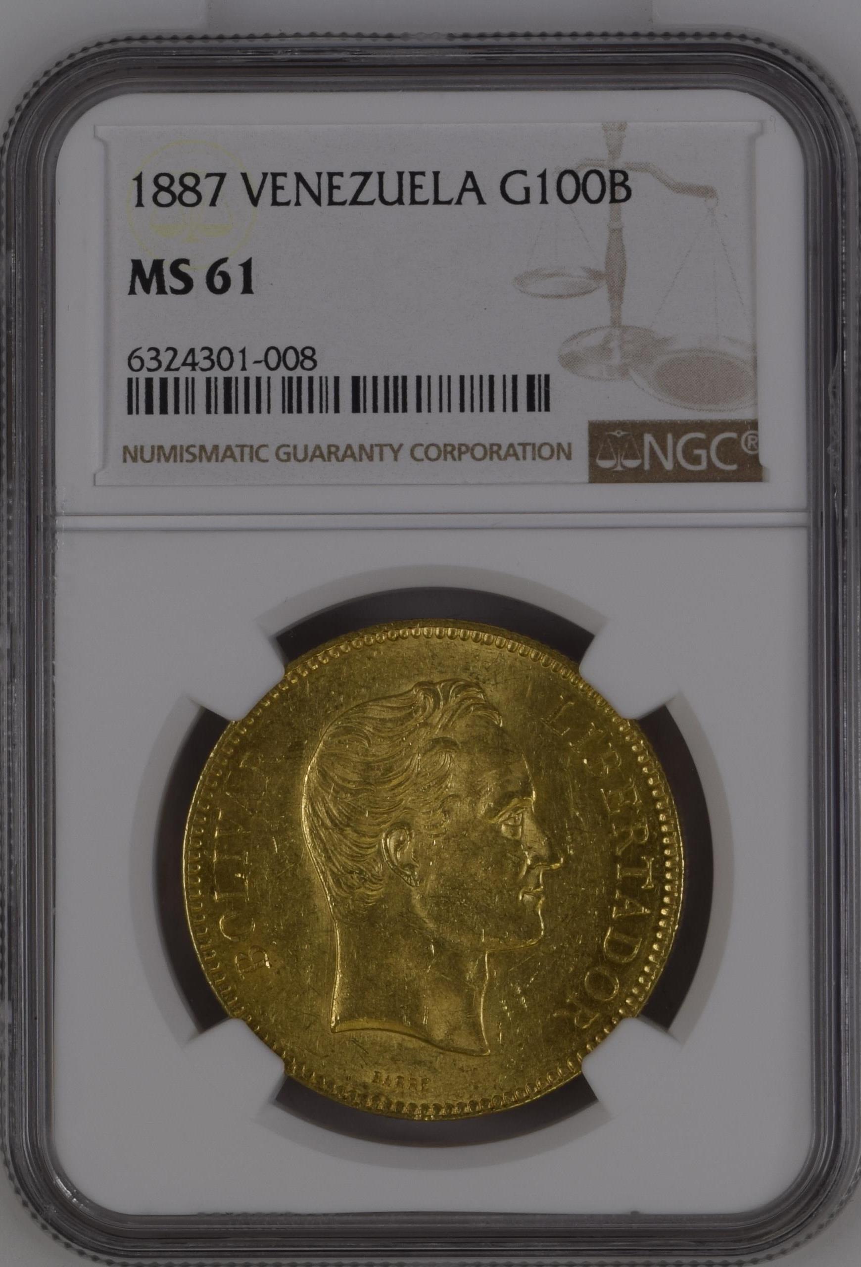 Venezuela 100 Bolivares 1887 NGC MS61 0144802