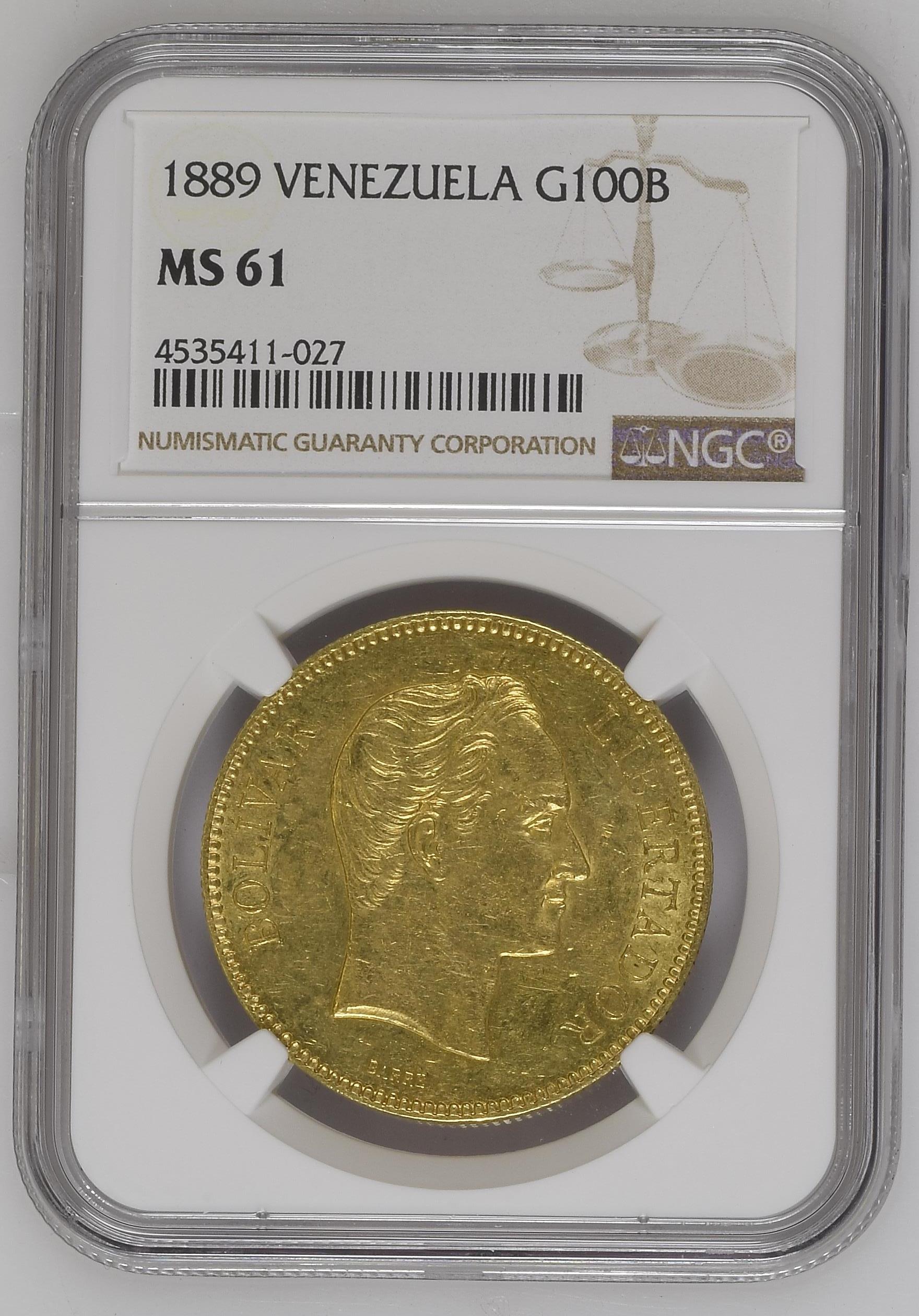 Venezuela 100 Bolivares 1889 NGC MS61 0144803