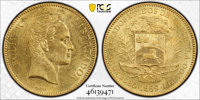 Venezuela 100 Bolivares 1889 PCGS MS61 0144804Venezuela 100 Bolivares 1889 PCGS MS61 0144804 - Image 3