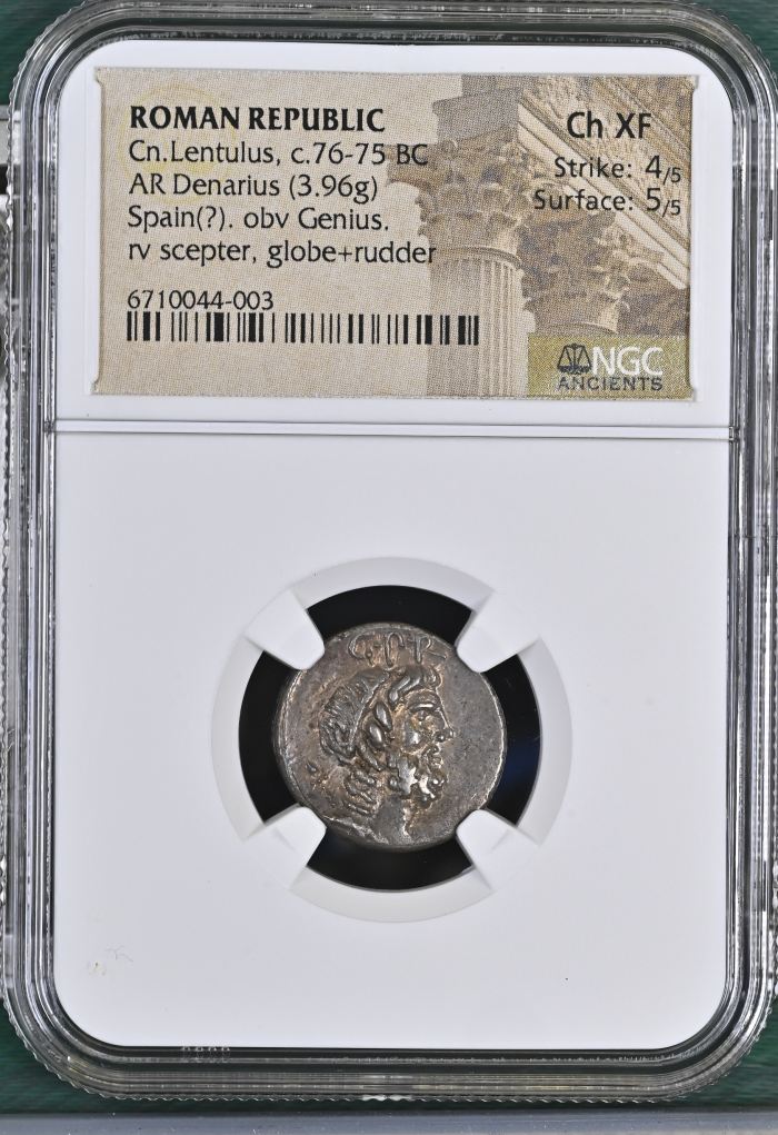 Roman Republic Cn. Lentulus c.76-75 BC AR Denarius NGC Ch XF 0144848Roman Republic Cn. Lentulus c.76-75 BC AR Denarius NGC Ch XF 0144848