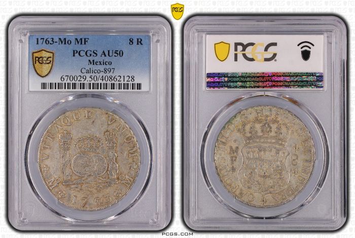 Colonial Silver & Minors 8 Reales 1763 Mo MF Calico-897 PCGS AU50 0144885Colonial Silver & Minors 8 Reales 1763 Mo MF Calico-897 PCGS AU50 0144885 - Image 3