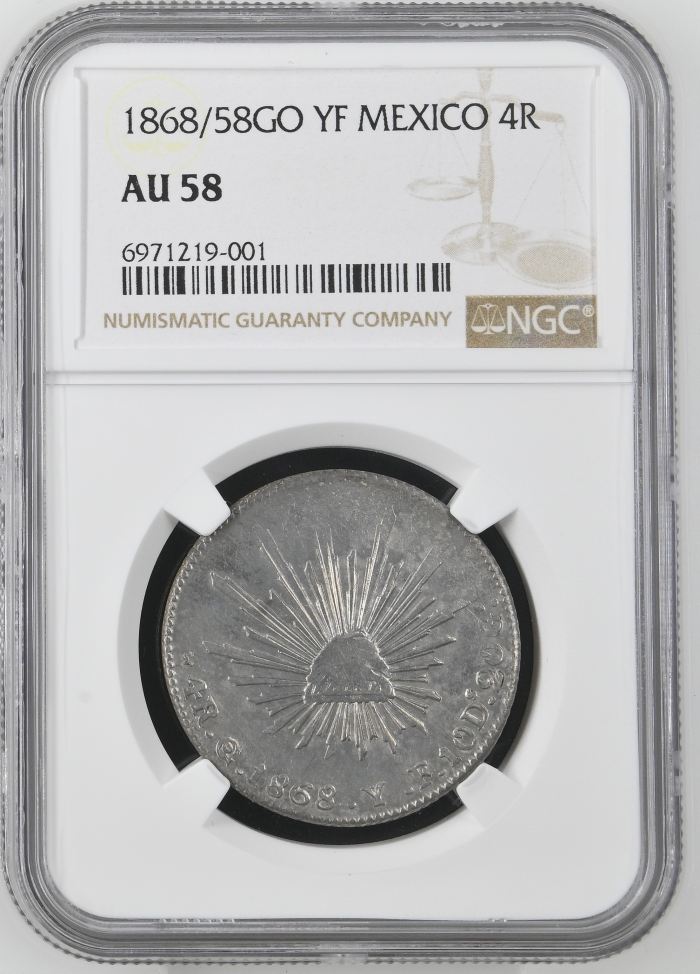 Republic Silver & Minors 4 Reales 1868/58 Go YF NGC AU58 0144913Republic Silver & Minors 4 Reales 1868/58 Go YF NGC AU58 0144913