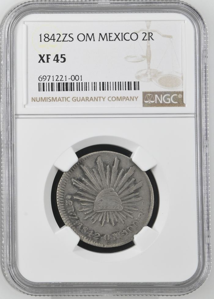 Republic Silver & Minors 2 Reales 1842 Zs OM NGC XF45 0144915Republic Silver & Minors 2 Reales 1842 Zs OM NGC XF45 0144915