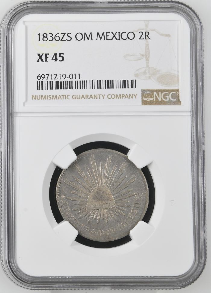 Republic Silver & Minors 2 Reales 1836 Zs OM NGC XF45 0144916Republic Silver & Minors 2 Reales 1836 Zs OM NGC XF45 0144916