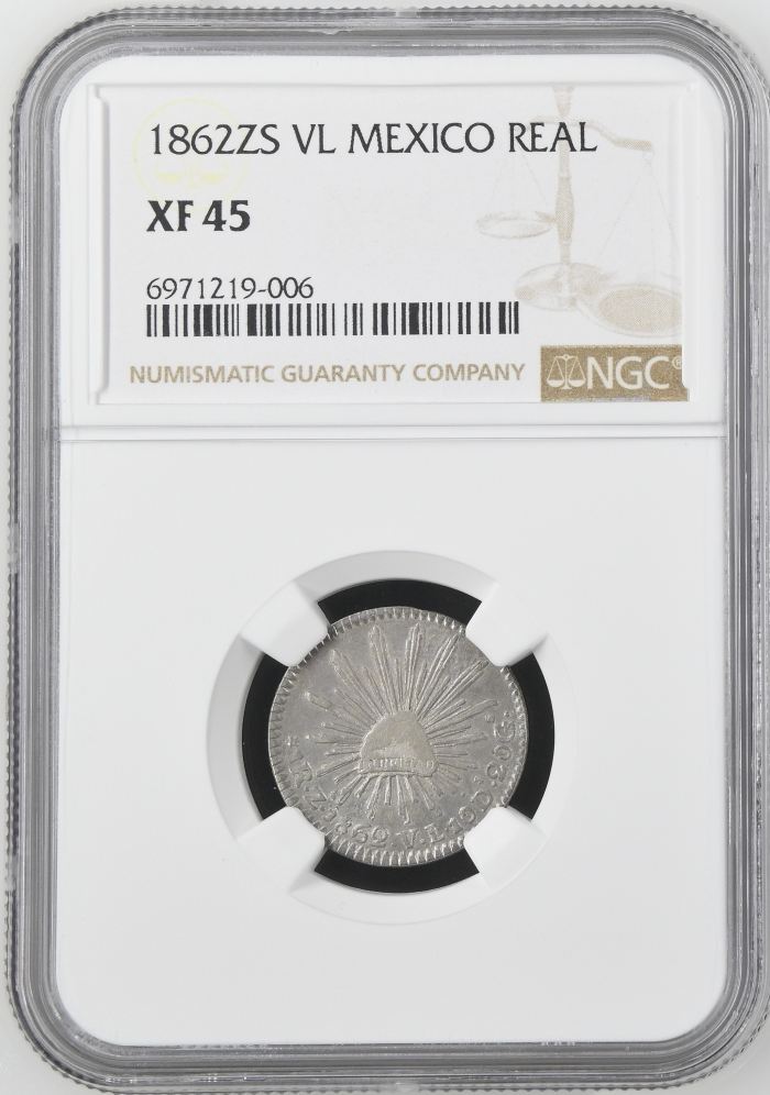 Republic Silver & Minors Real 1862 Zs VL NGC XF45 0144920Republic Silver & Minors Real 1862 Zs VL NGC XF45 0144920