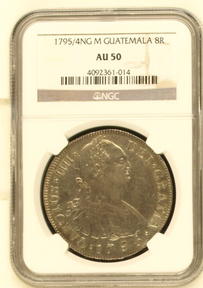 Guatemala 8 Reales 1795/4 Ng M NGC AU50 0144935Guatemala 8 Reales 1795/4 Ng M NGC AU50 0144935