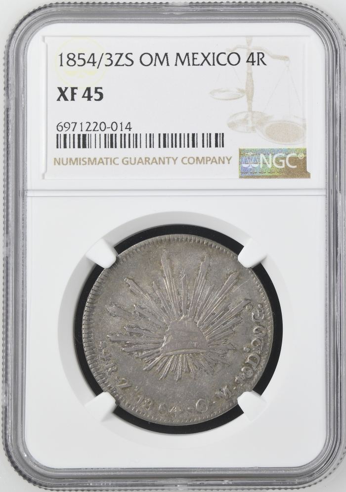 Republic Silver & Minors 4 Reales 1854/3 Zs OM NGC XF45 0144993Republic Silver & Minors 4 Reales 1854/3 Zs OM NGC XF45 0144993