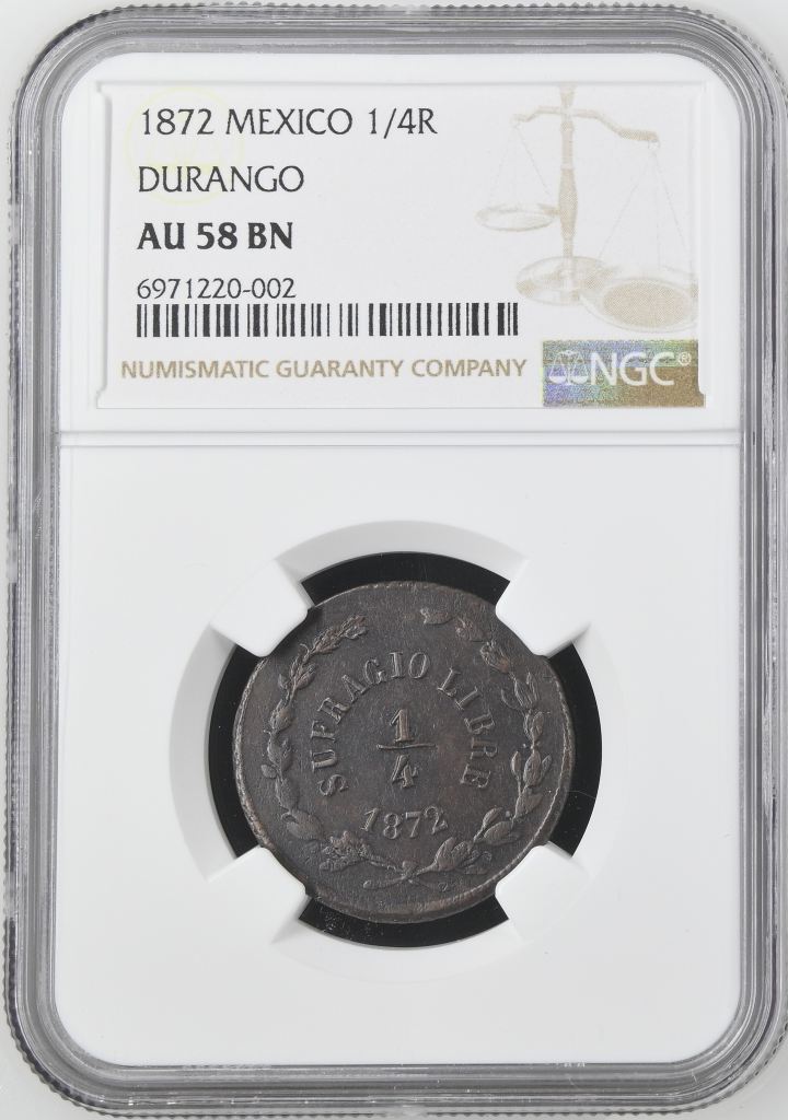 Republic Silver & Minors 1/4 Real 1872 Durango NGC AU58BN 0144995