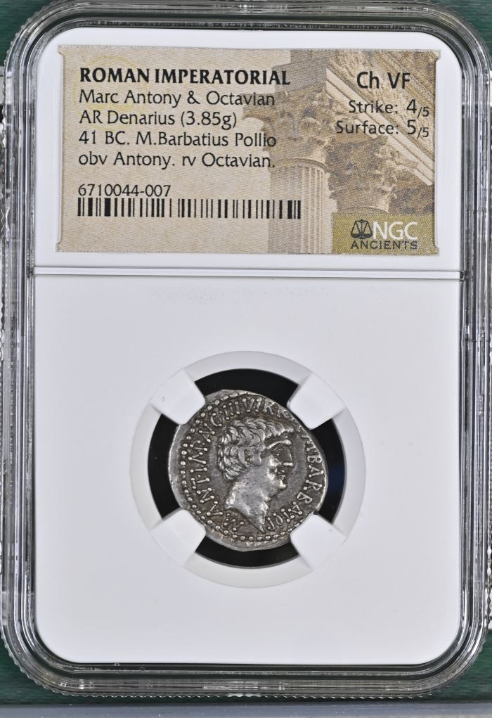 Roman Imperatorial Marc Antony & Octavian AR Denarius NGC Ch VF 0145030Roman Imperatorial Marc Antony & Octavian AR Denarius NGC Ch VF 0145030