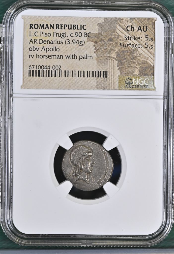 Roman Republic L.C. Piso Frugi c.90 BC AR Denarius NGC Ch AU 0145036