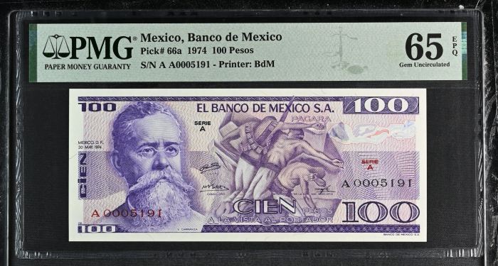 Banco De Mexico 100 Pesos 1974 Pick #66a PMG Gem UNC65 EPQ f_35423Banco De Mexico 100 Pesos 1974 Pick #66a PMG Gem UNC65 EPQ f_35423