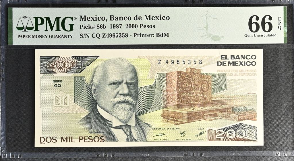 Banco De Mexico 2,000 Pesos 1987 Pick #86b PMG Gem UNC66 EPQ f_35425