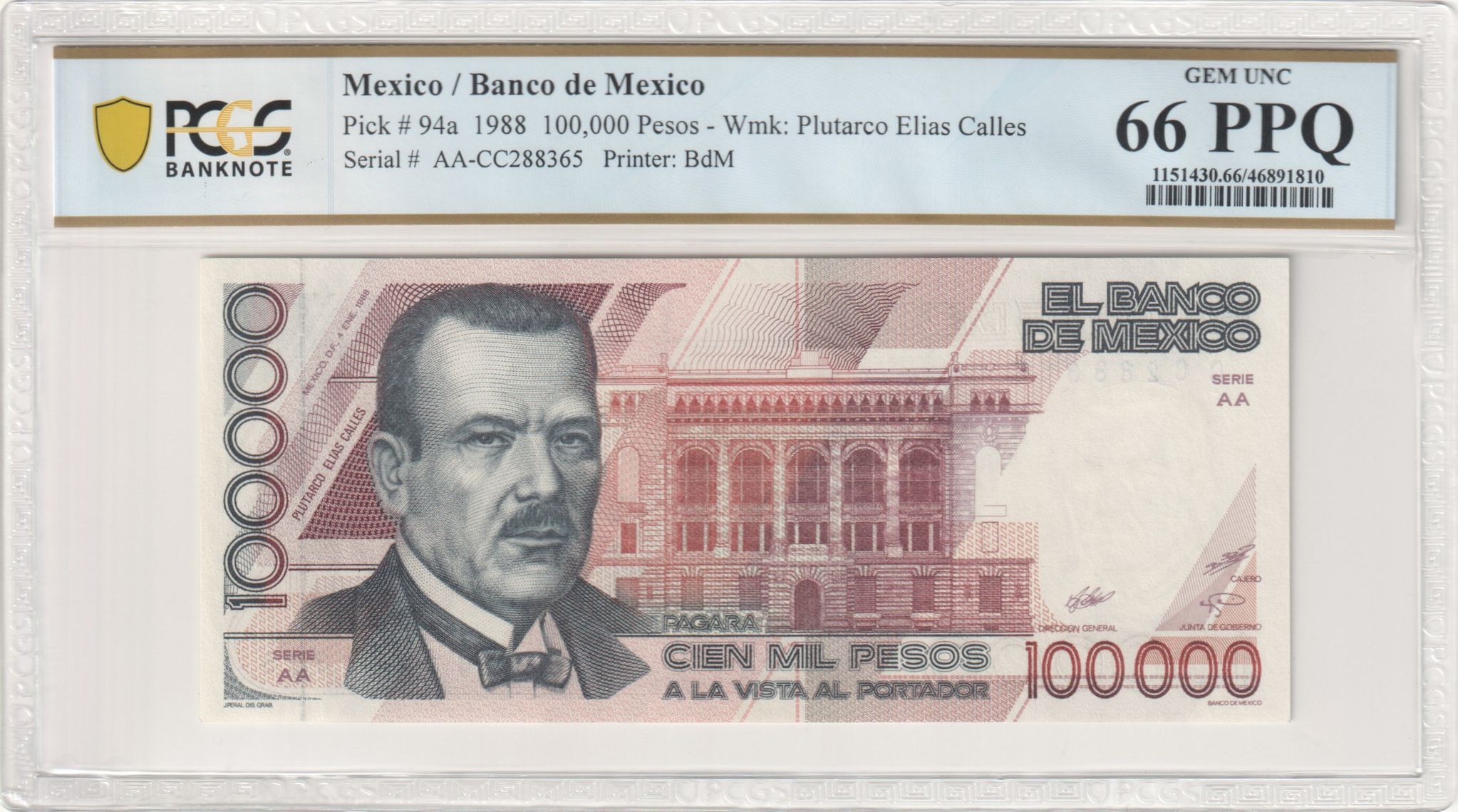 Banco De Mexico 100,000 Pesos 1988 Pick #94a PCGS Gem UNC66 PPQ f_35427