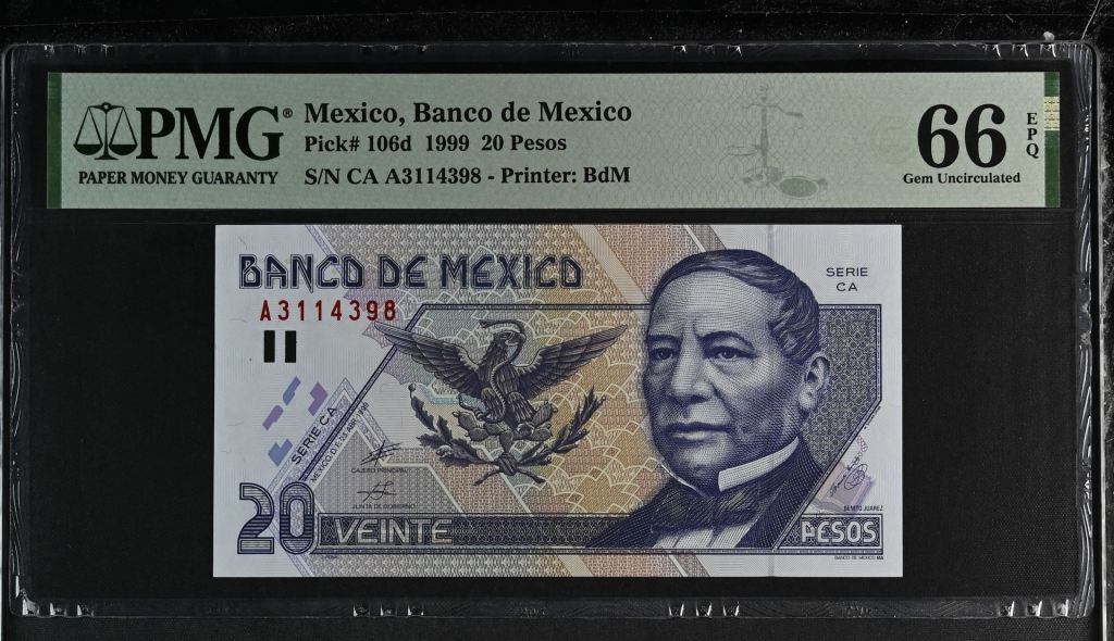 Banco De Mexico 20 Pesos 1999 Pick #106d PMG Gem UNC66 EPQ f_35429