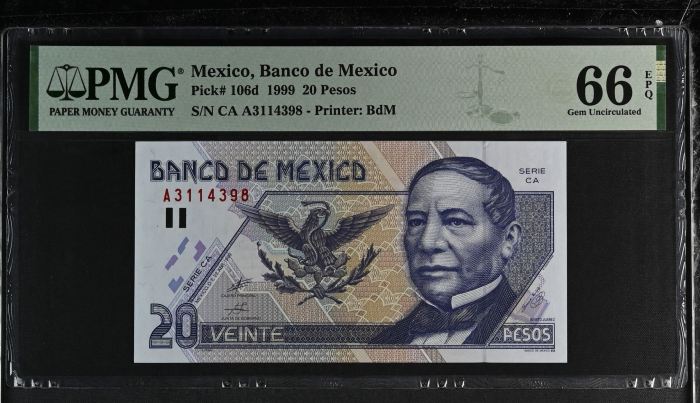 Banco De Mexico 20 Pesos 1999 Pick #106d PMG Gem UNC66 EPQ f_35429Banco De Mexico 20 Pesos 1999 Pick #106d PMG Gem UNC66 EPQ f_35429