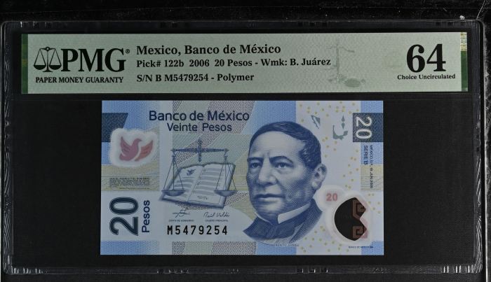 Banco De Mexico 20 Pesos 2006 Pick #122b PMG Ch UNC64 f_35433Banco De Mexico 20 Pesos 2006 Pick #122b PMG Ch UNC64 f_35433