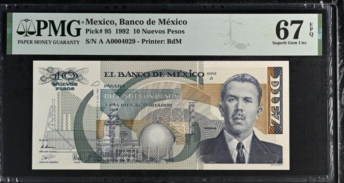 Banco De Mexico 10 Piece Set  All Scarce Series A w Matching Serial Numbers 1992 Pick #95-104 PMG f_35434Banco De Mexico 10 Piece Set  All Scarce Series A w Matching Serial Numbers 1992 Pick #95-104 PMG f_35434