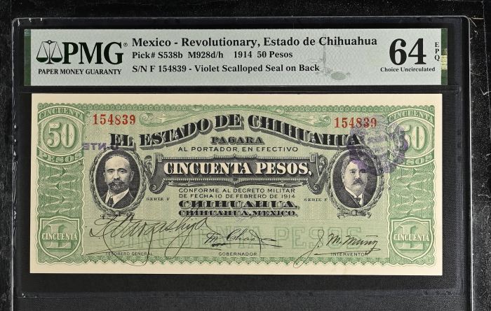 Revolutionary Currency 6 Piece Set 1914-15 Chihuahua M919-M928 PMG Ch UNC64 EPQ f_35435Revolutionary Currency 6 Piece Set 1914-15 Chihuahua M919-M928 PMG Ch UNC64 EPQ f_35435