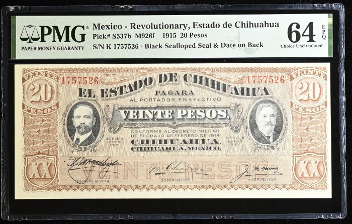 Revolutionary Currency 6 Piece Set 1914-15 Chihuahua M919-M928 PMG Ch UNC64 EPQ f_35435Revolutionary Currency 6 Piece Set 1914-15 Chihuahua M919-M928 PMG Ch UNC64 EPQ f_35435 - Image 3