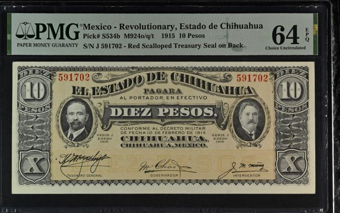 Revolutionary Currency 6 Piece Set 1914-15 Chihuahua M919-M928 PMG Ch UNC64 EPQ f_35435Revolutionary Currency 6 Piece Set 1914-15 Chihuahua M919-M928 PMG Ch UNC64 EPQ f_35435 - Image 5