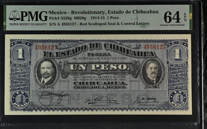 Revolutionary Currency 6 Piece Set 1914-15 Chihuahua M919-M928 PMG Ch UNC64 EPQ f_35435Revolutionary Currency 6 Piece Set 1914-15 Chihuahua M919-M928 PMG Ch UNC64 EPQ f_35435 - Image 9