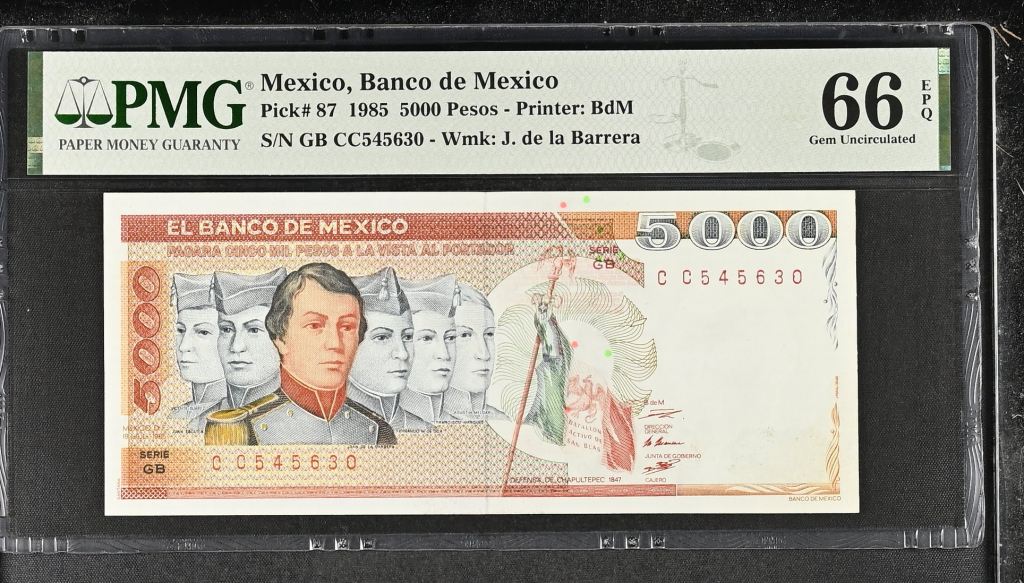 Banco De Mexico 5,000 Pesos 1985 Pick #87 PMG Gem UNC66 EPQ f_35426