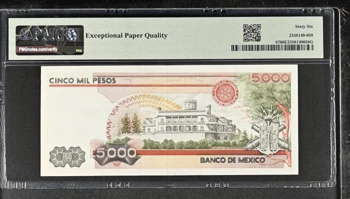 Banco De Mexico 5,000 Pesos 1985 Pick #87 PMG Gem UNC66 EPQ f_35426Banco De Mexico 5,000 Pesos 1985 Pick #87 PMG Gem UNC66 EPQ f_35426 - Image 2