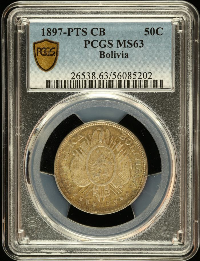 Bolivia 50 Centavos 1897 Pts CB PCGS MS63 0145024Bolivia 50 Centavos 1897 Pts CB PCGS MS63 0145024