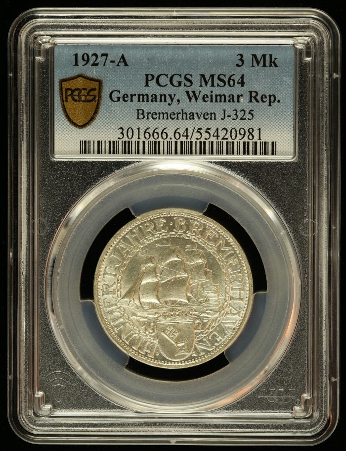 Germany 3 Mark 1927 A PCGS MS64 J-325 0144835Germany 3 Mark 1927 A PCGS MS64 J-325 0144835