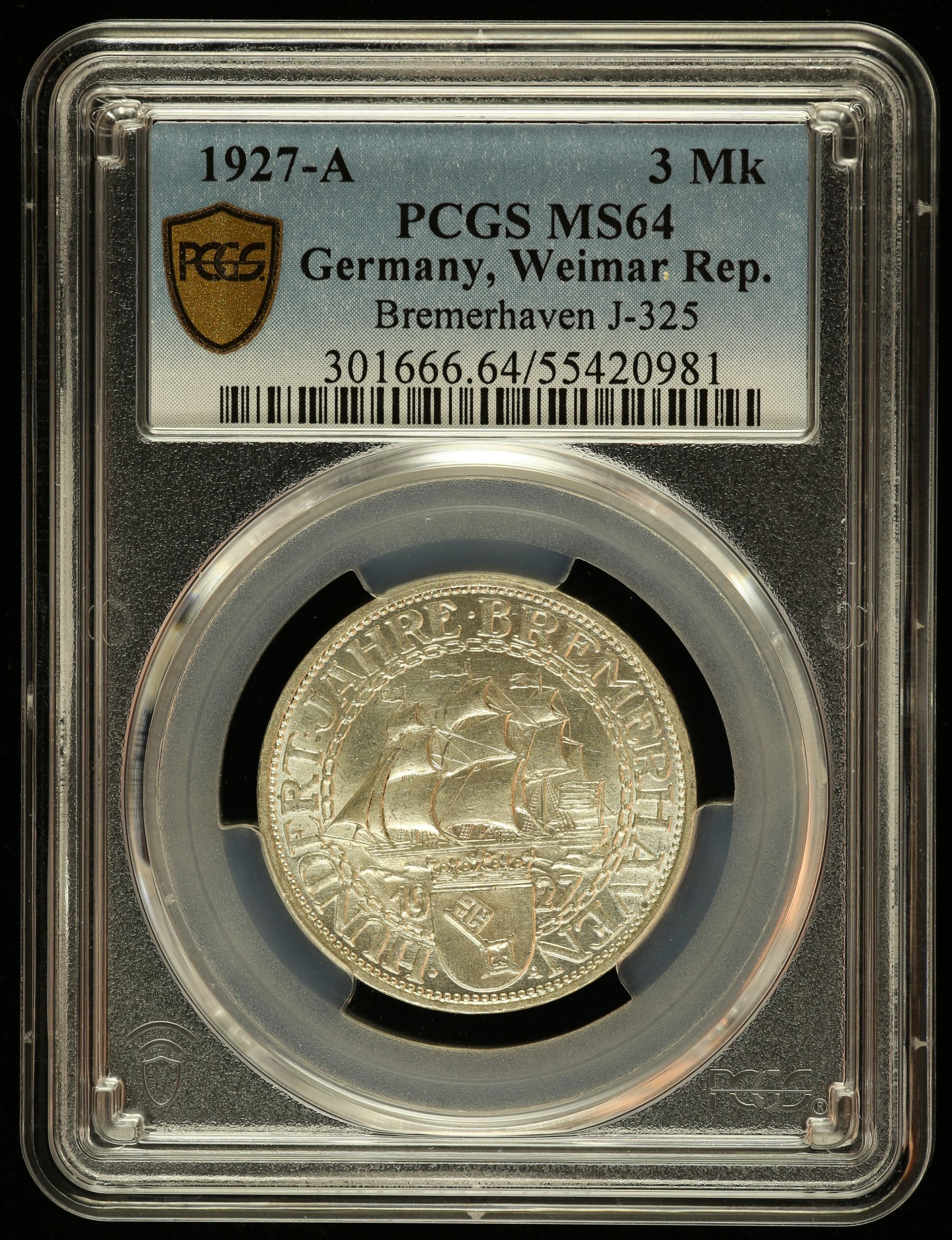 Germany 3 Mark 1927 A PCGS MS64 J-325 0144835