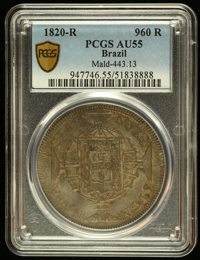 Brazil 960 Reis 1820 R PCGS AU55 Mald-443.13 0144865Brazil 960 Reis 1820 R PCGS AU55 Mald-443.13 0144865