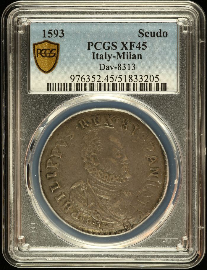 Italy/San Marino/Vatican Scudo 1593 Milan PCGS XF45 DAV-8313 0145081Italy/San Marino/Vatican Scudo 1593 Milan PCGS XF45 DAV-8313 0145081