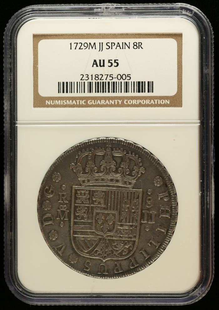 Spain 8 Reales 1729 M JJ NGC AU55 0145089Spain 8 Reales 1729 M JJ NGC AU55 0145089