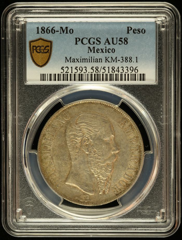 Imperial Era Peso 1866 Mo PCGS AU58 KM-388.1 0145061Imperial Era Peso 1866 Mo PCGS AU58 KM-388.1 0145061