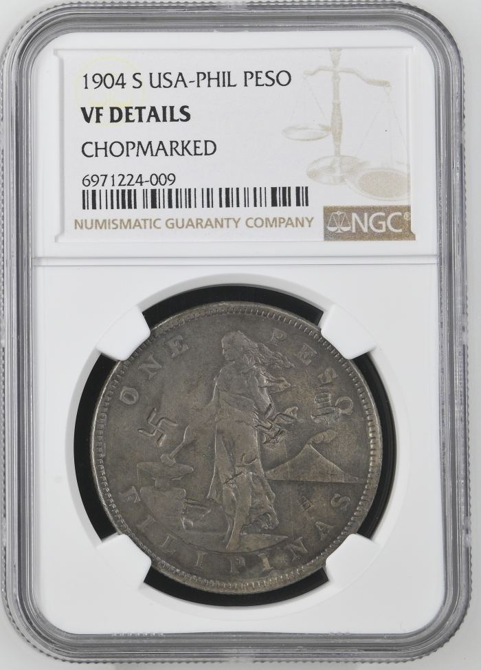 Philippines CHOPMARKED Peso 1904 S NGC VF Details 0145200Philippines CHOPMARKED Peso 1904 S NGC VF Details 0145200