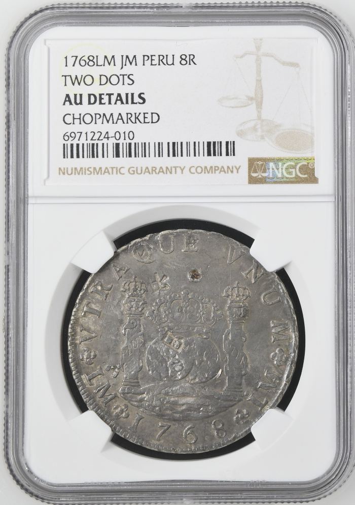 CHOPMARKED Peru 8 Reales 1768 Lm JM NGC AU Details 0145203CHOPMARKED Peru 8 Reales 1768 Lm JM NGC AU Details 0145203