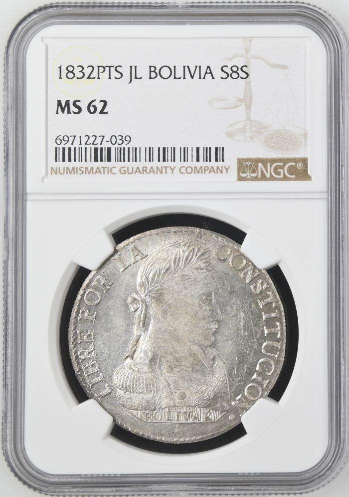 Bolivia 8 Sols 1832 Pts JL NGC MS62 0145215Bolivia 8 Sols 1832 Pts JL NGC MS62 0145215