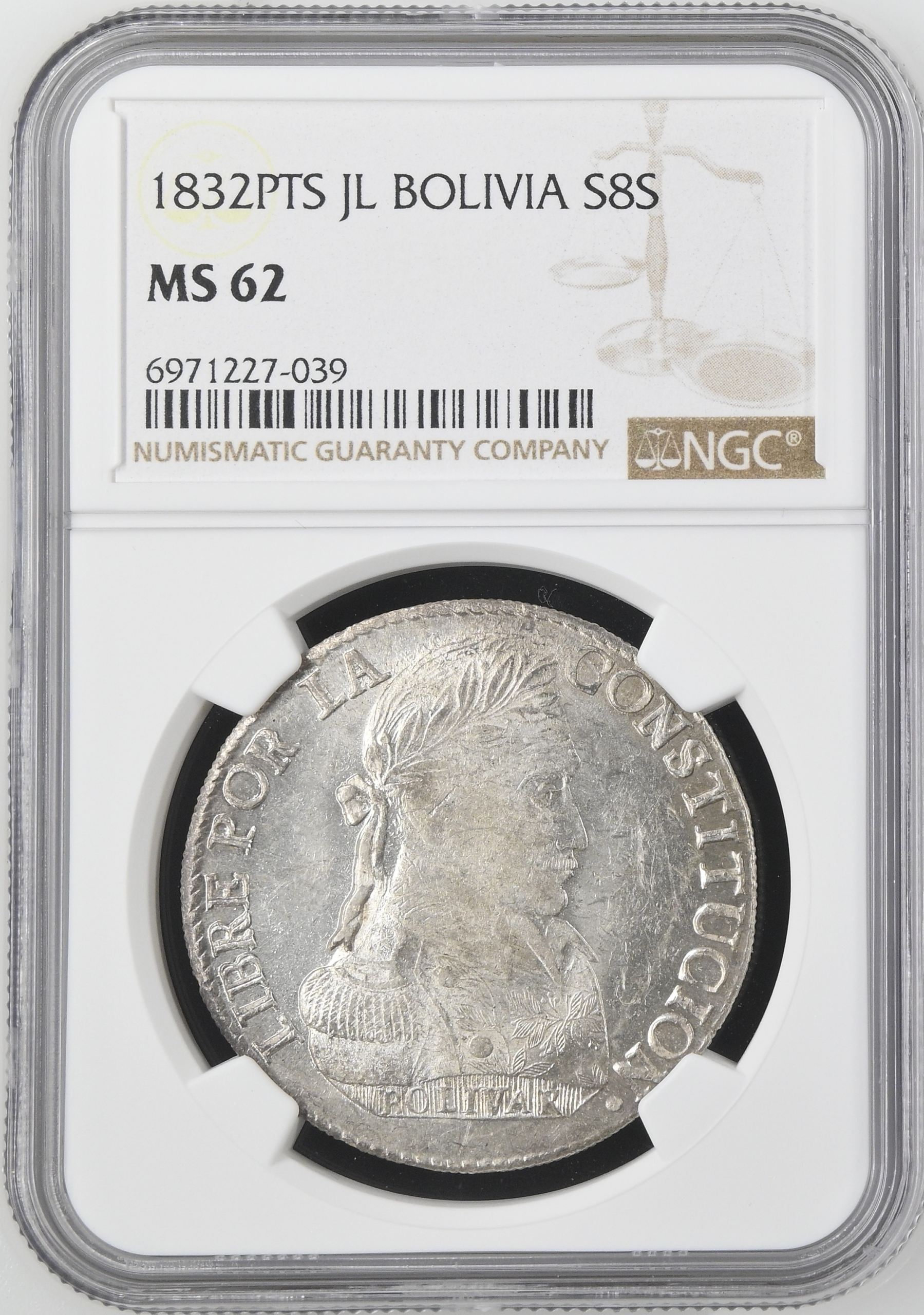 Bolivia 8 Sols 1832 Pts JL NGC MS62 0145215