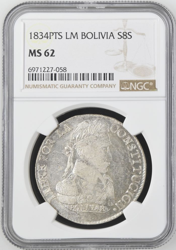 Bolivia 8 Sols 1834 Pts LM NGC MS62 0145216Bolivia 8 Sols 1834 Pts LM NGC MS62 0145216