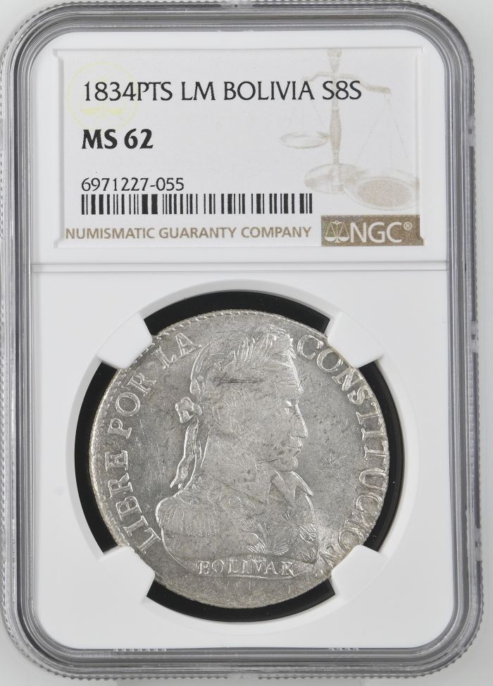 Bolivia 8 Sols 1834 Pts LM NGC MS62 0145217Bolivia 8 Sols 1834 Pts LM NGC MS62 0145217