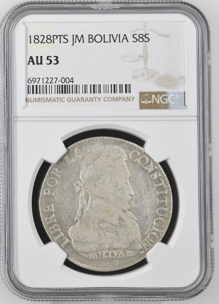 Bolivia 8 Sols 1828 Pts JM NGC AU53 0145220Bolivia 8 Sols 1828 Pts JM NGC AU53 0145220