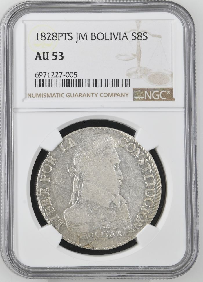 Bolivia 8 Sols 1828 Pts JM NGC AU53 0145221Bolivia 8 Sols 1828 Pts JM NGC AU53 0145221