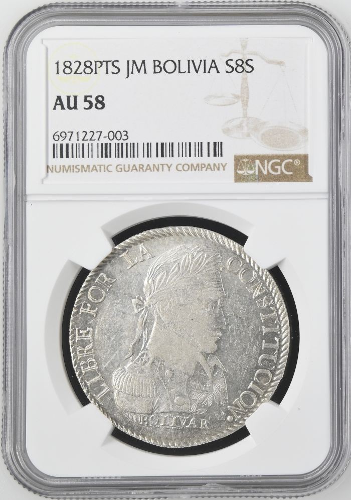 Bolivia 8 Sols 1828 Pts JM NGC AU58 0145222Bolivia 8 Sols 1828 Pts JM NGC AU58 0145222