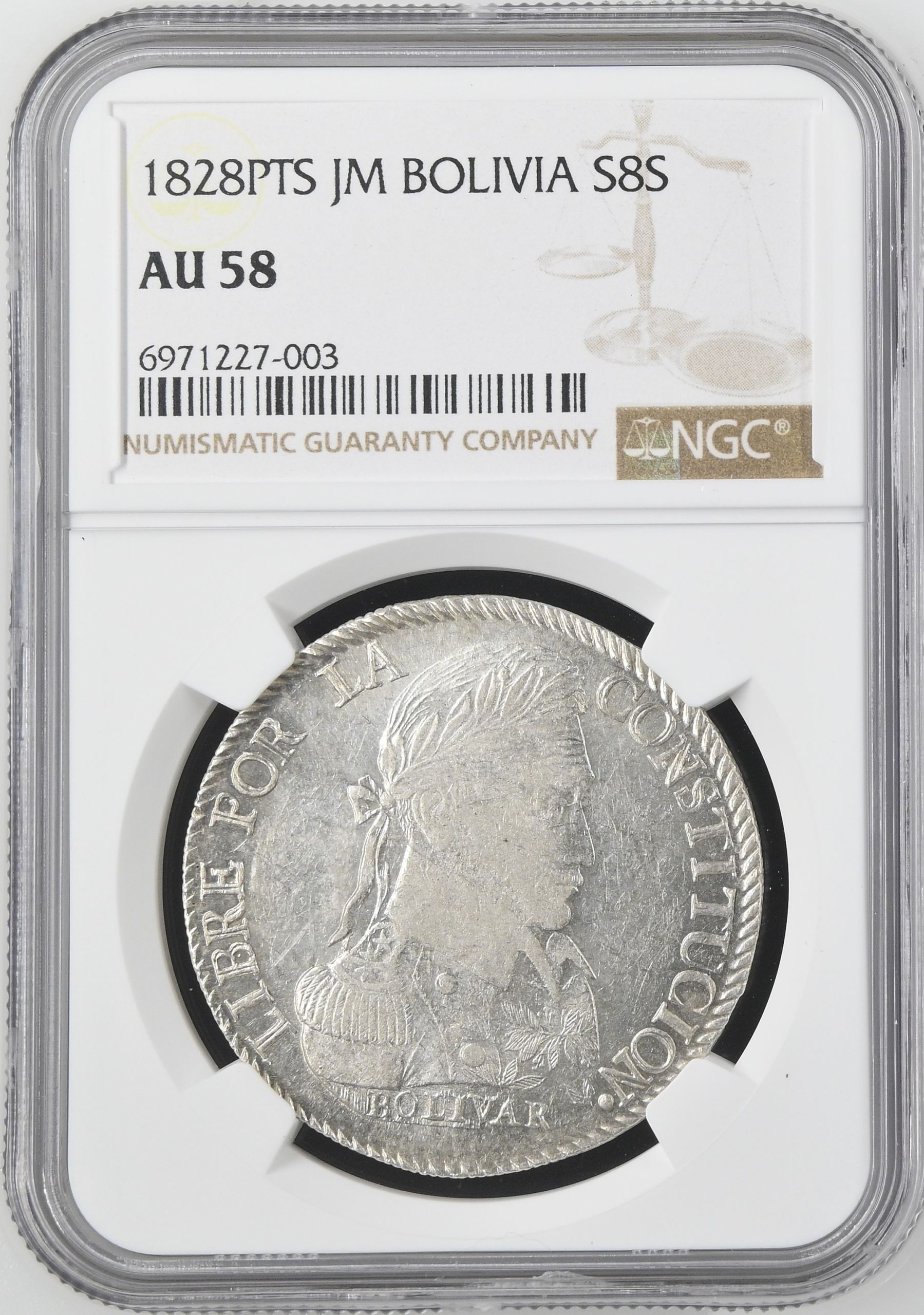 Bolivia 8 Sols 1828 Pts JM NGC AU58 0145222